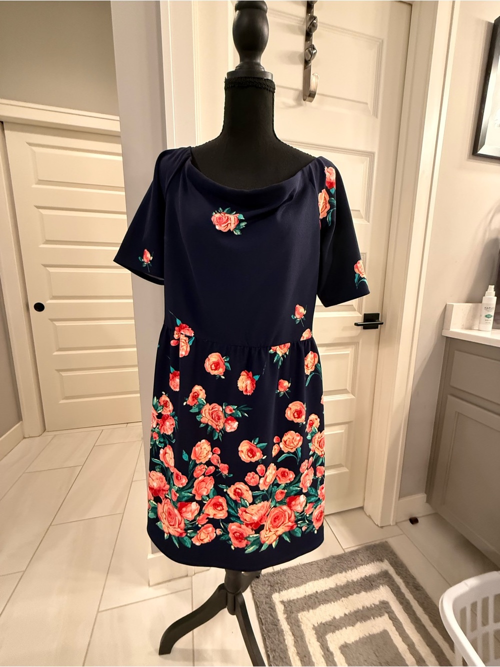 nine britton Navy Floral Midi Off the shoulder Dress